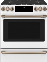 CGS700P4MW2 Cafe 30 inch Slide In Convection Gas Range with Front Controls with 6 Sealed Burners Matte White with Brushed Bronze Handles and Knobs Matte White